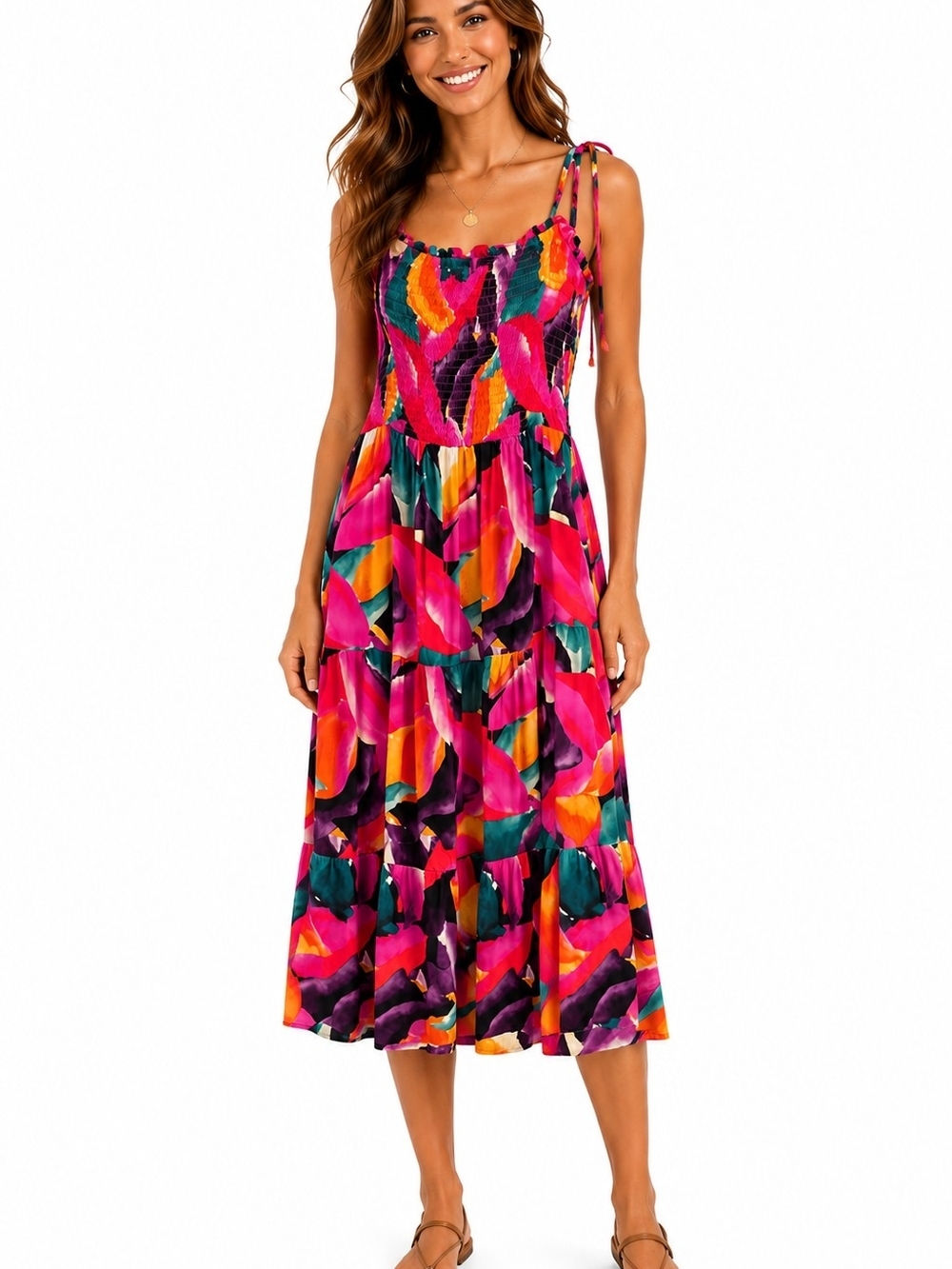 Abel The Label Smocked Floral Midi Dress Medium Boho Beach Resort